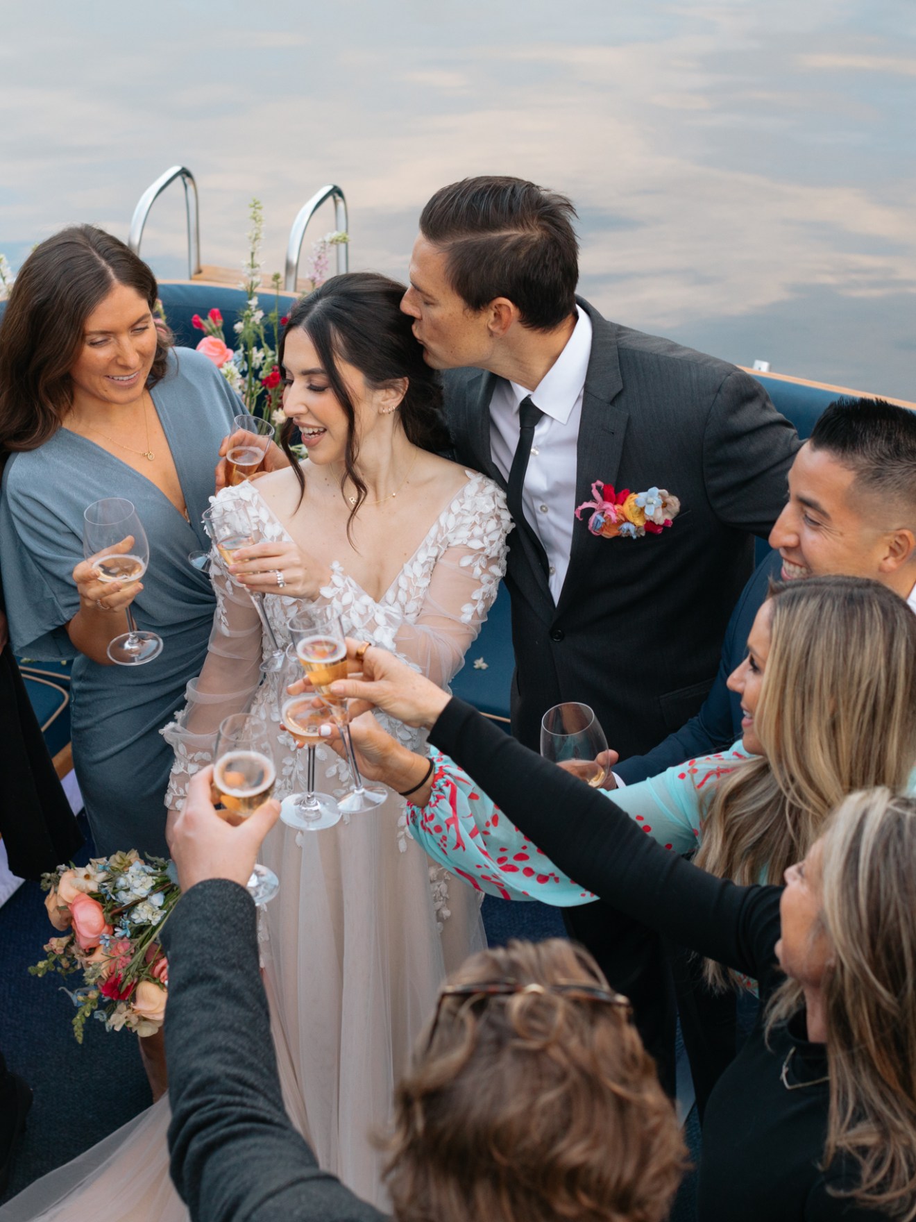 a group of people standing in front of a crowd